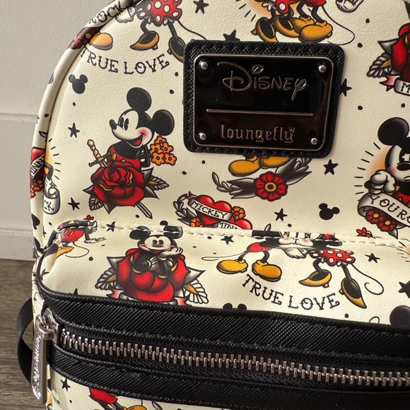 LOUNGEFLY Disney Mickey & Minnie Flash Tattoo Print Mini Backpack - Picture 2 of 4